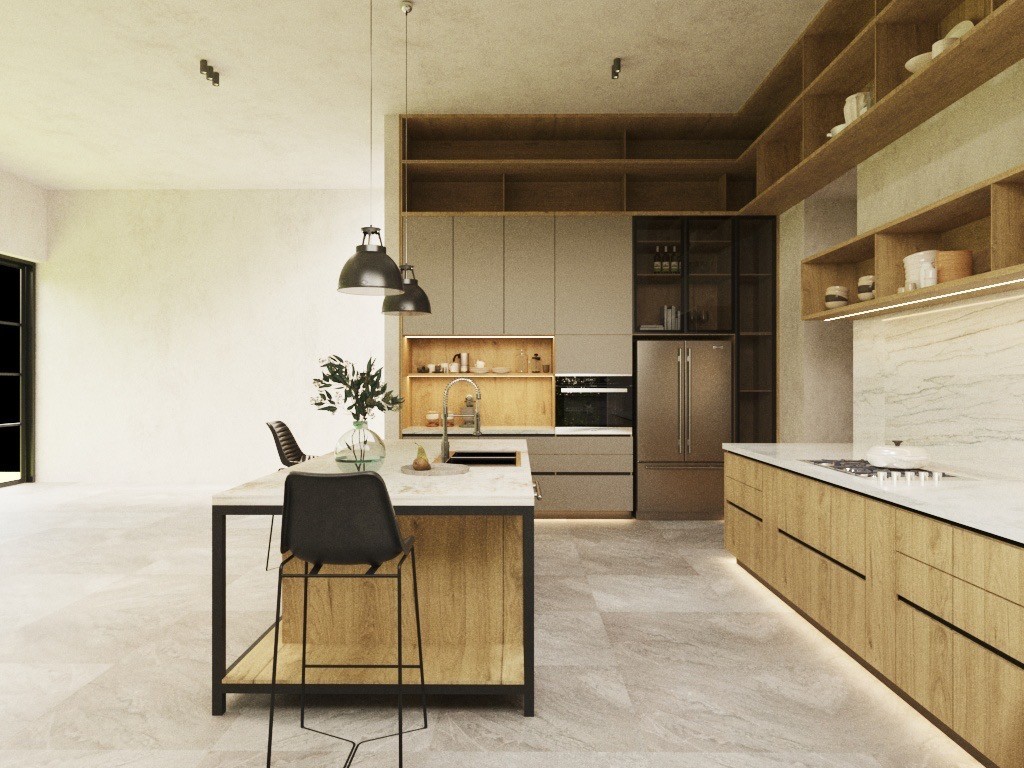 Cocina moderna diseñada con isla central, mobiliario en madera y distribución funcional optimizada