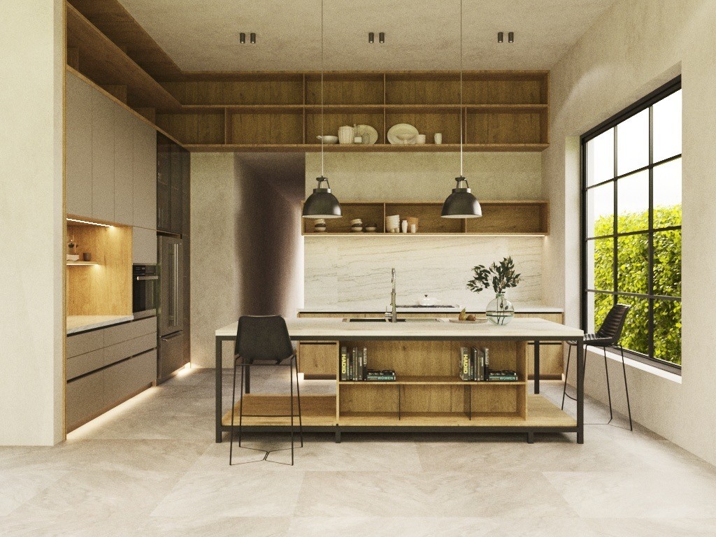 Cocina moderna con isla central, zona social integrada y estantería funcional en diseño contemporáneo